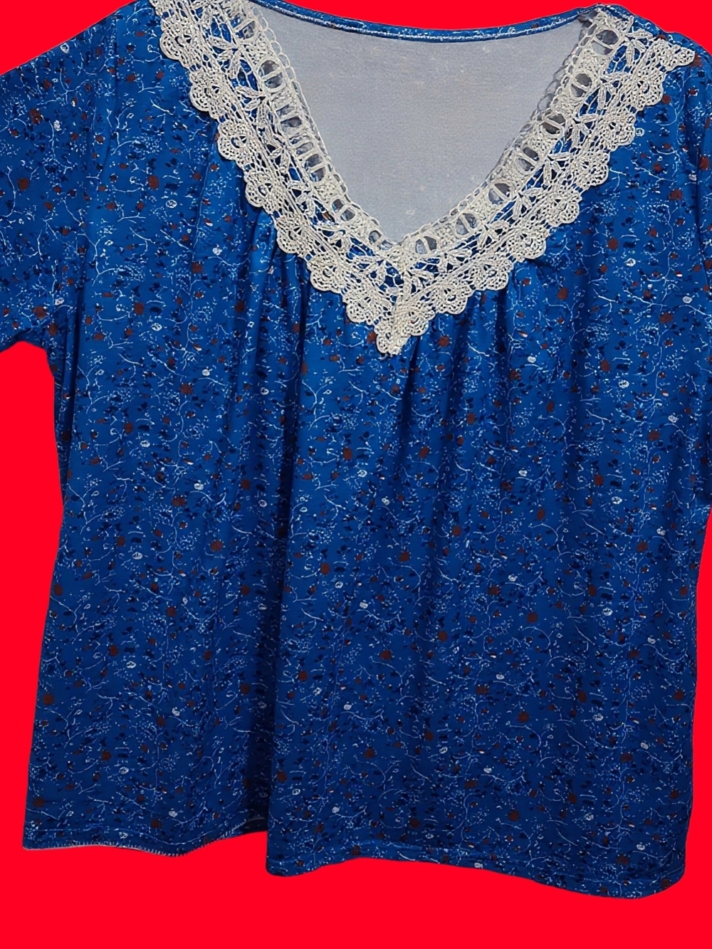 Blue Lace-Trim V-Neck Women's Top
